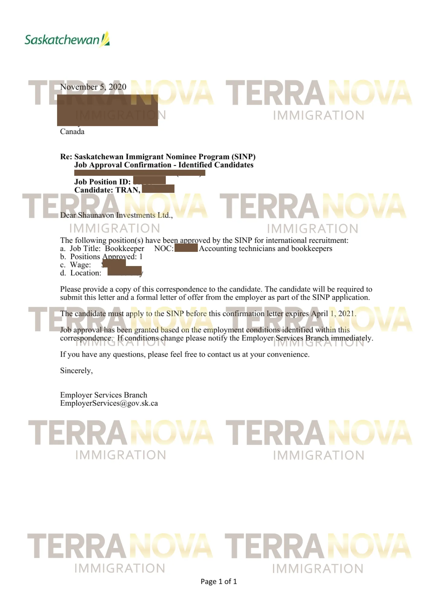 Thư phê duyệt công việc Job Approval Letter (JAL) do Chính quyền tỉnh bang Saskatchewan cấp cho chị Thủy, xác nhận vị trí làm việc hợp lệ trong chương trình SINP.