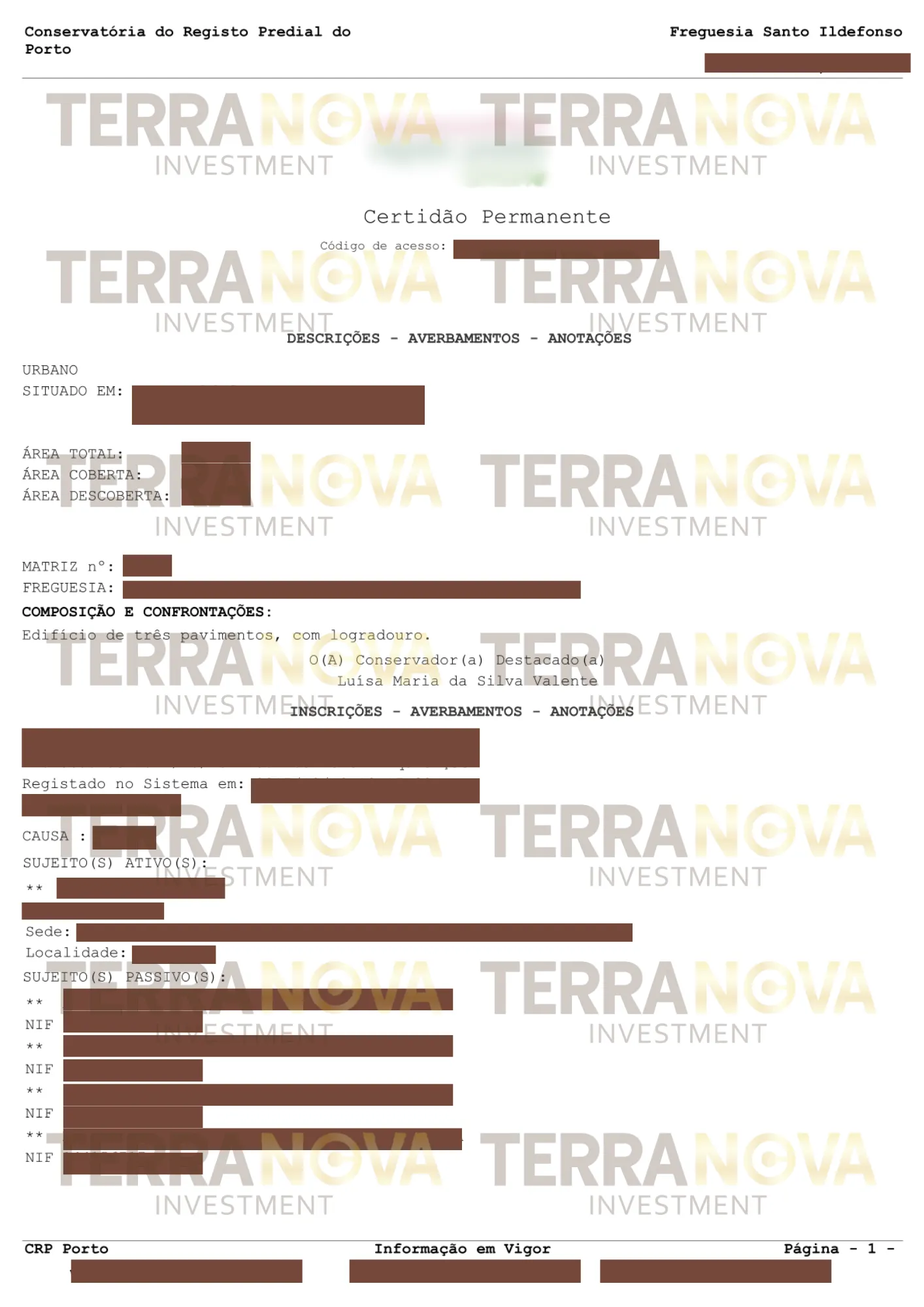 Thông tin đăng ký quyền sở hữu tại Sở Đất đai (Certidão Permanente – PA)