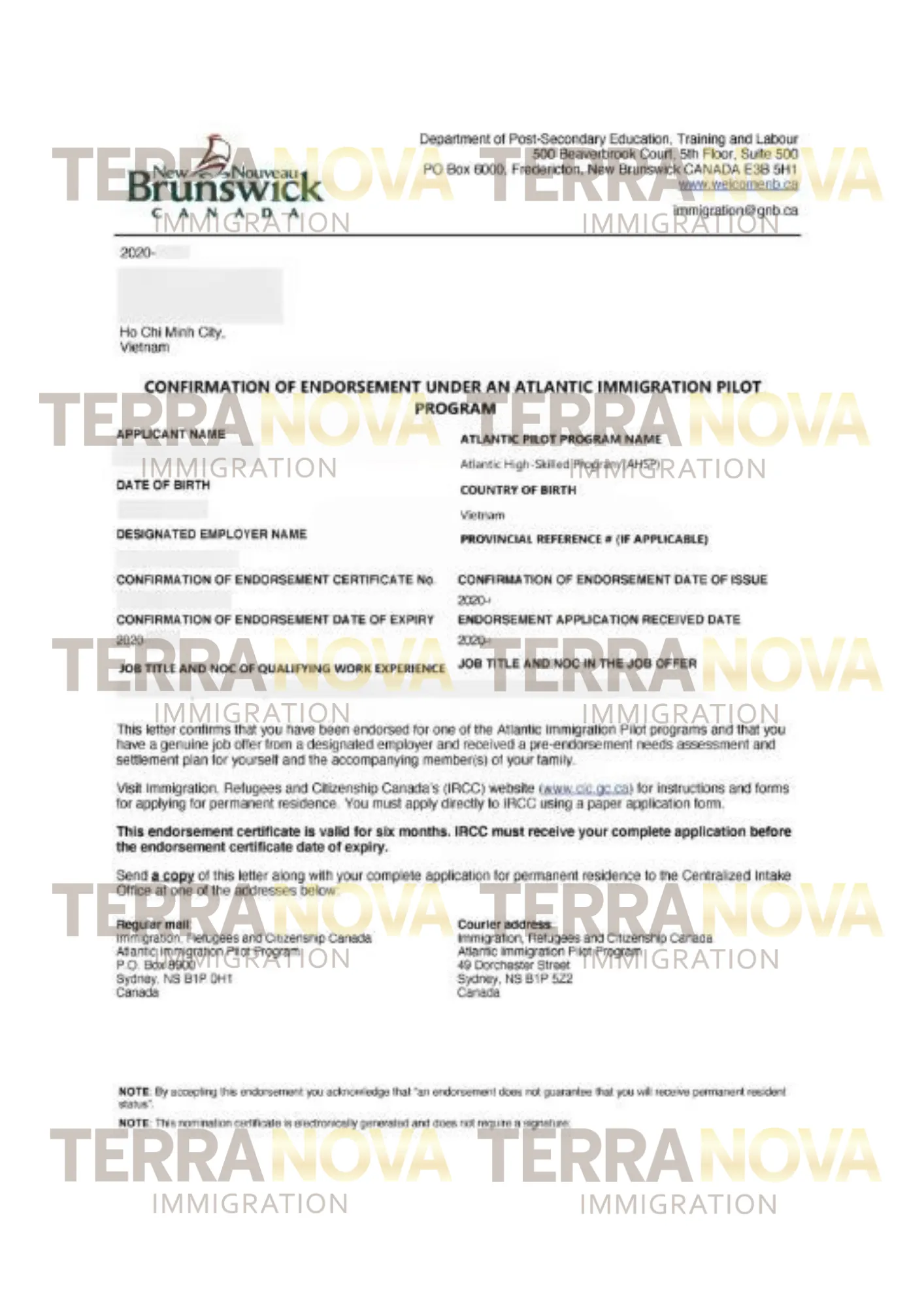 Chị Hương đã nhận được Thư Endorsement theo AIP – Văn bản xác nhận từ tỉnh bang New Brunswick, chứng minh hồ sơ định cư của chị đã được cộng đồng địa phương bảo trợ chính thức.