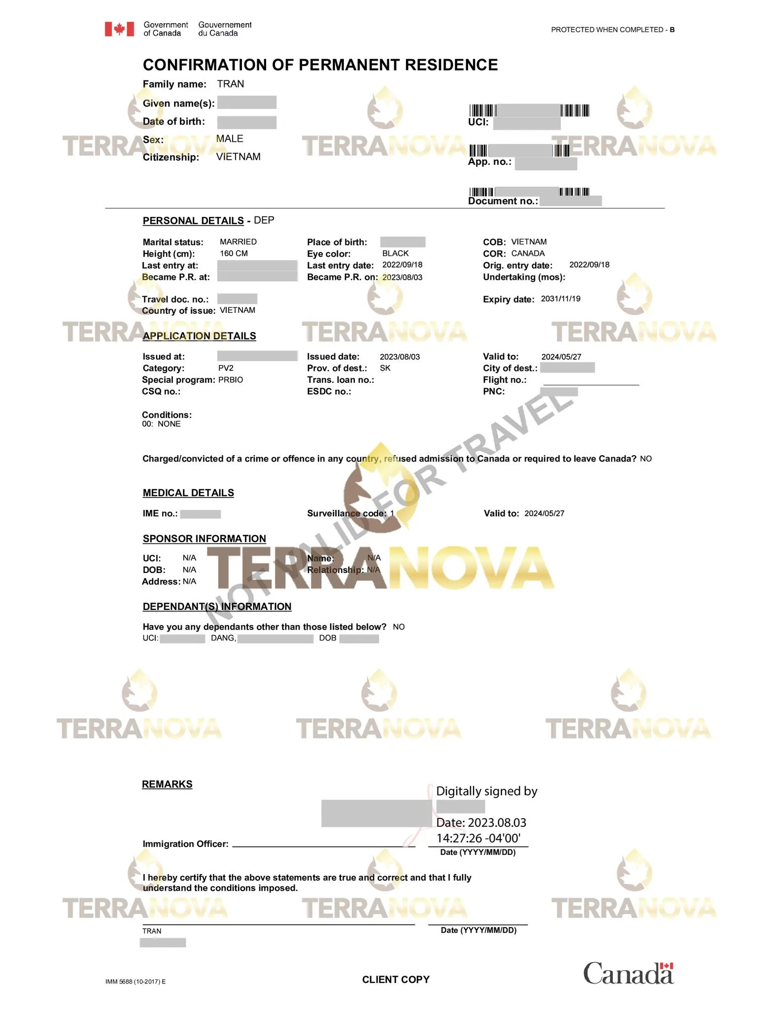 Gia đình anh Tran chính thức nhận được Thư cấp Thường Trú Nhân Canada  Confirmation of Permanent Residence (eCOPR) với sự tư vấn từ đơn vị uy tín TerraNova