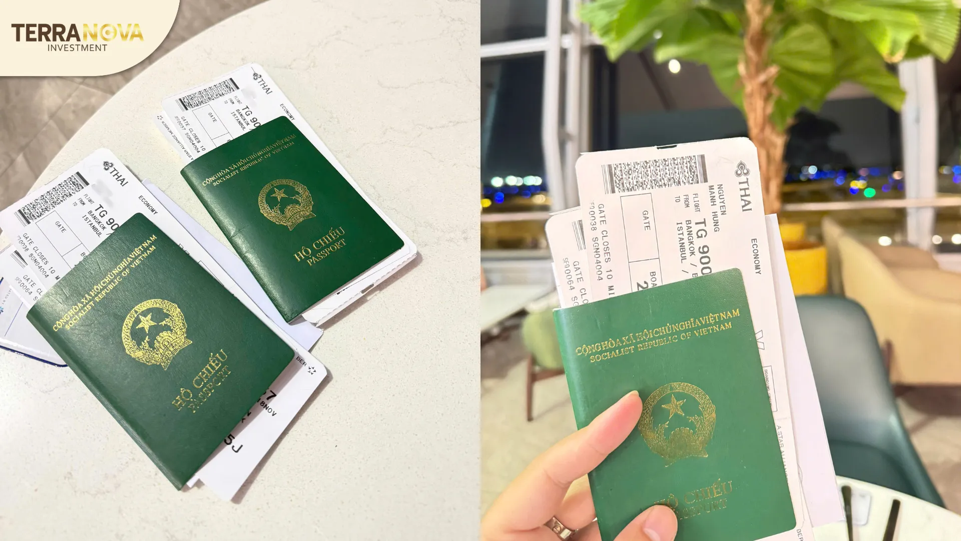 Hộ chiếu và vé máy bay đến Istanbul của khách hàng, cùng sự đồng hành hỗ trợ trọn vẹn từ đội ngũ Terra Nova