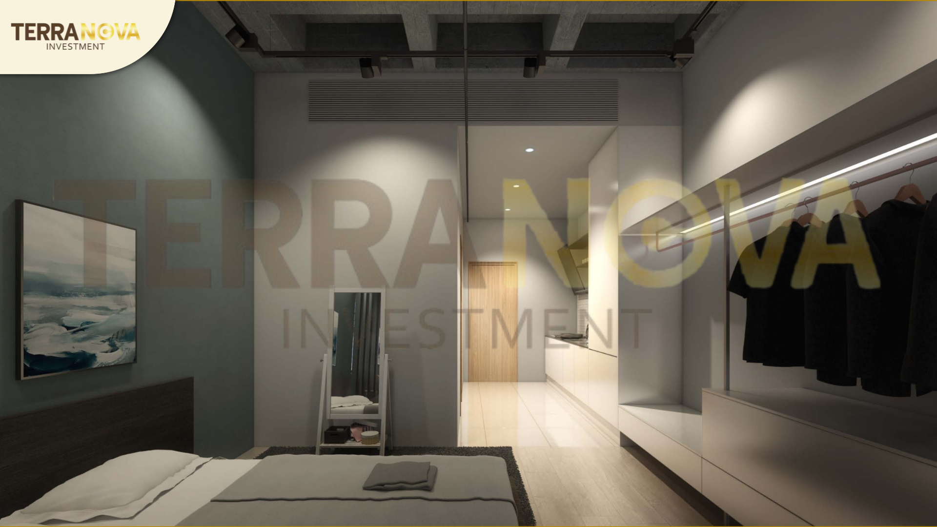 Layout Alternative 1 – Studio tiêu chuẩn được thiết kế theo không gian mở, kết nối liền mạch bếp – phòng ngủ – phòng khách để tối ưu sự tiện nghi và gọn gàng