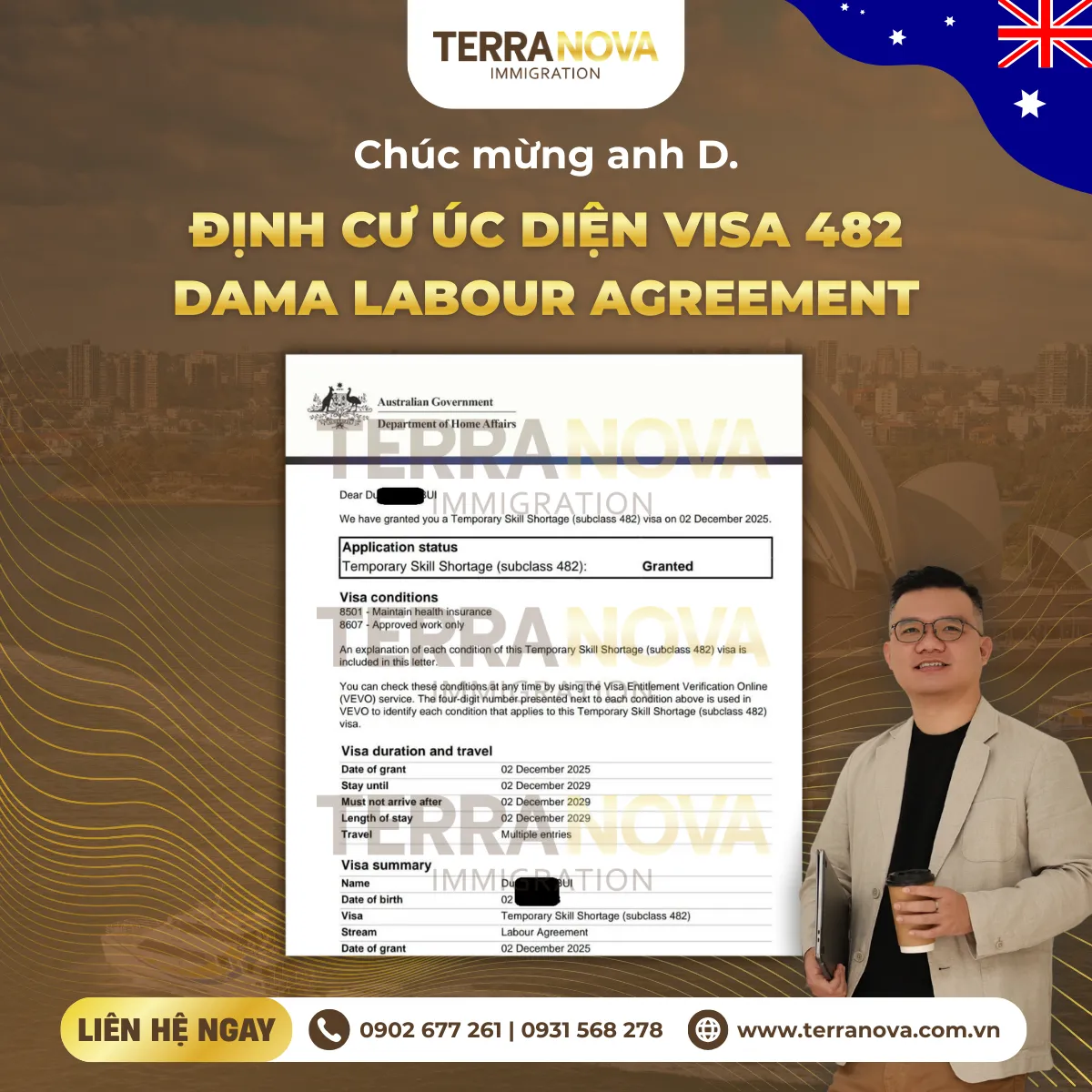Nhờ chiến lược đúng hướng và quy trình bài bản, hồ sơ visa 482 DAMA Labour Agreement của anh D. đã được phê duyệt, mở ra lộ trình định cư Úc hợp pháp và ổn định.