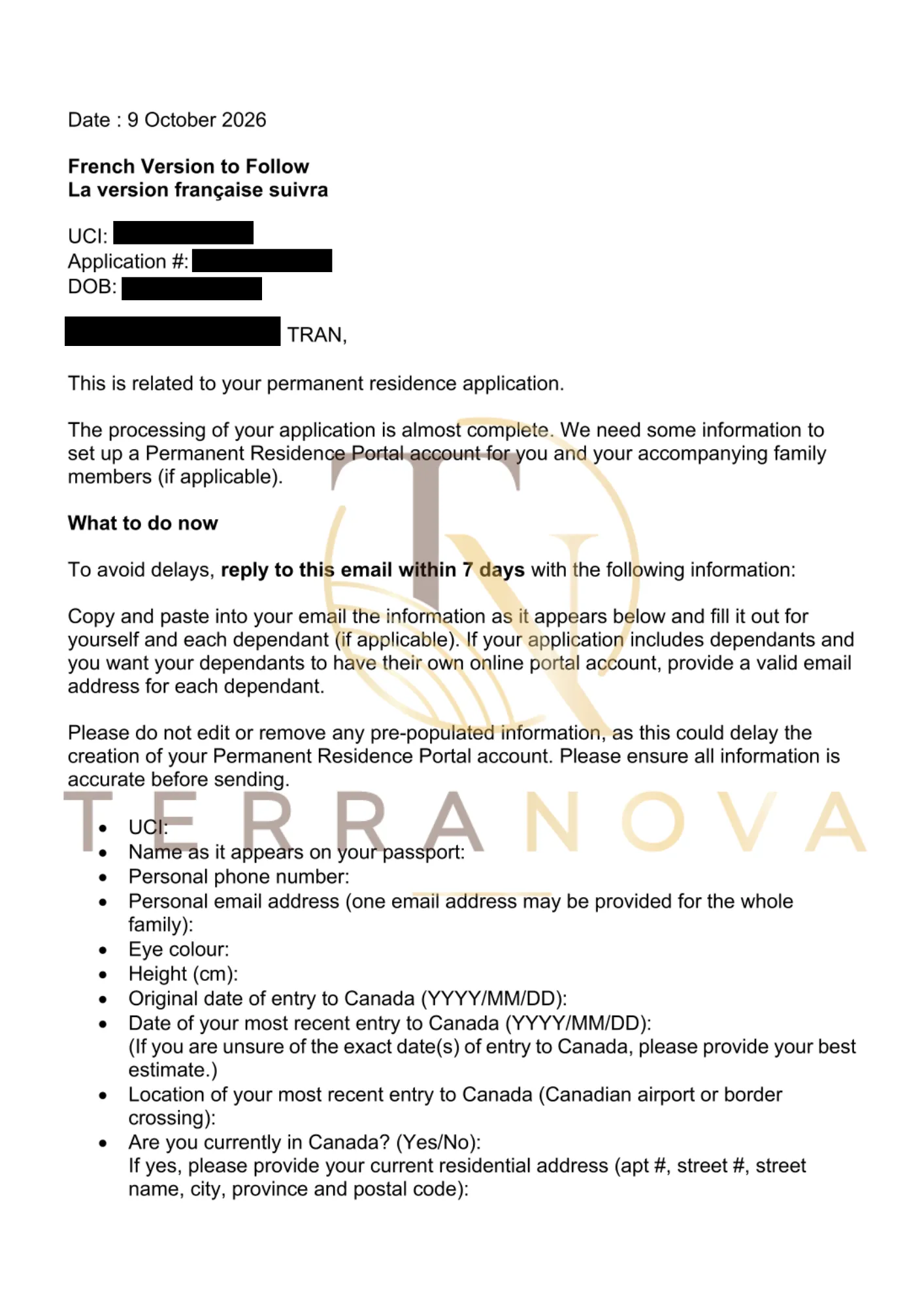 Gia đình 4 thành viên của chị N. đã nhận được thư PR Confirmation Portal từ Bộ Di trú, Tị nạn và Quốc tịch Canada (IRCC)