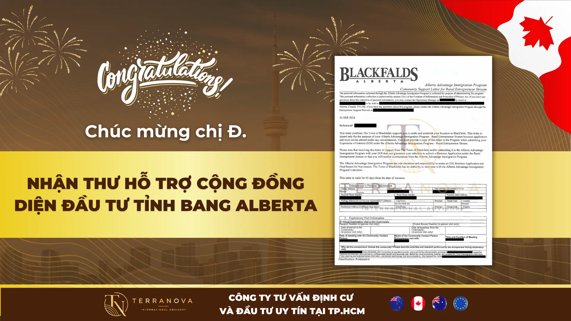 Chúc mừng chị Đ. nhận thư hỗ trợ cộng đồng diện Đầu Tư Tỉnh Bang Alberta