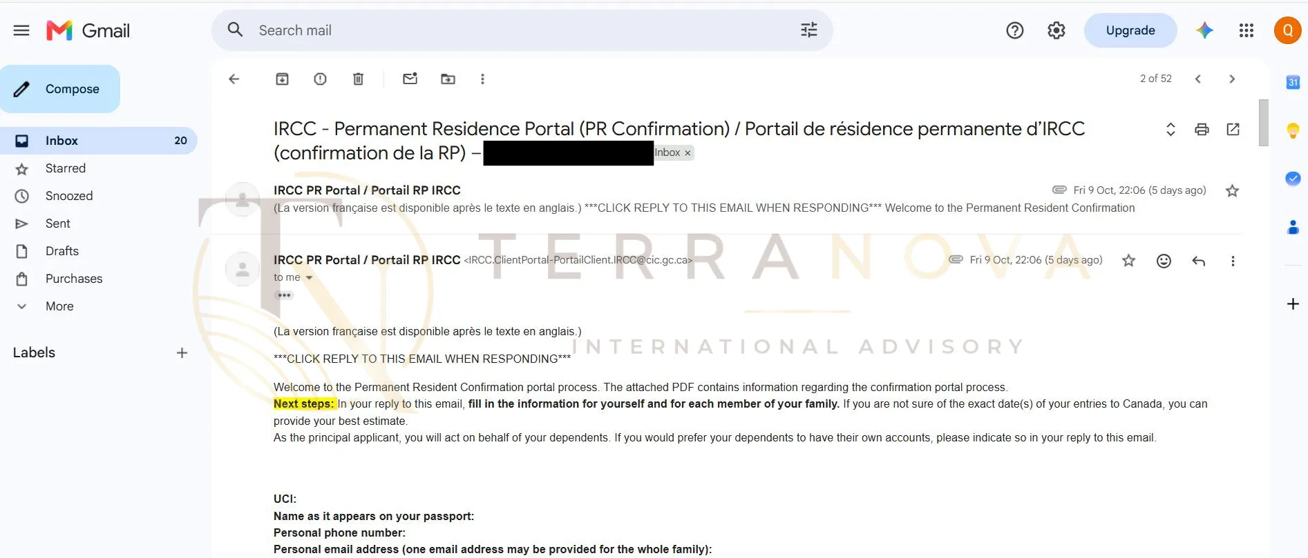 Sau nhiều tháng theo đuổi lộ trình định cư Canada, gia đình chị N. đã nhận được email PR Confirmation Portal từ IRCC, đánh dấu bước tiến quan trọng hướng đến Thường Trú Nhân (PR).